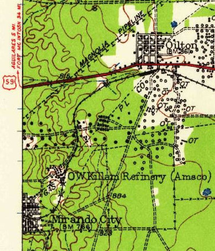 Mirando City refinery location, 1939 USGS topo map.